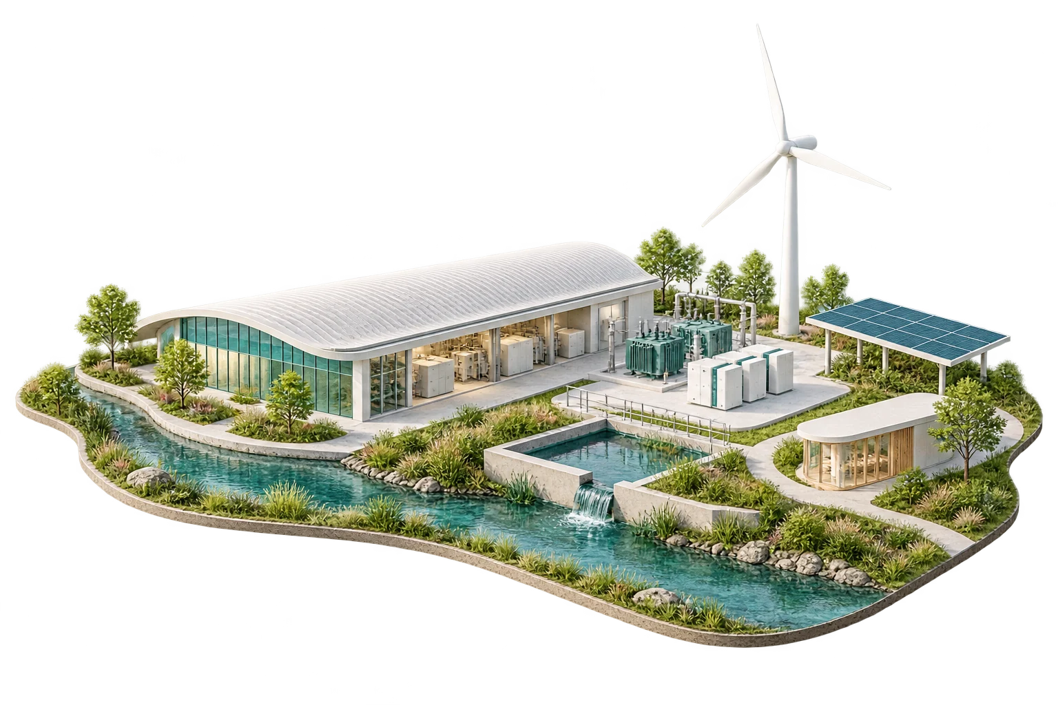 Conceptual architectural energy site with a white power pavilion, water channel and basin, grid equipment, battery cabinets, wind turbine, solar canopy and a small community pavilion.
