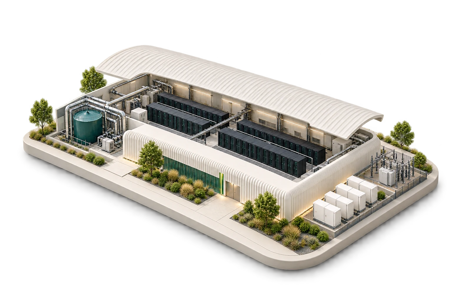 Conceptual cutaway showing a data center with server racks, cooling and water equipment, and electrical infrastructure.
