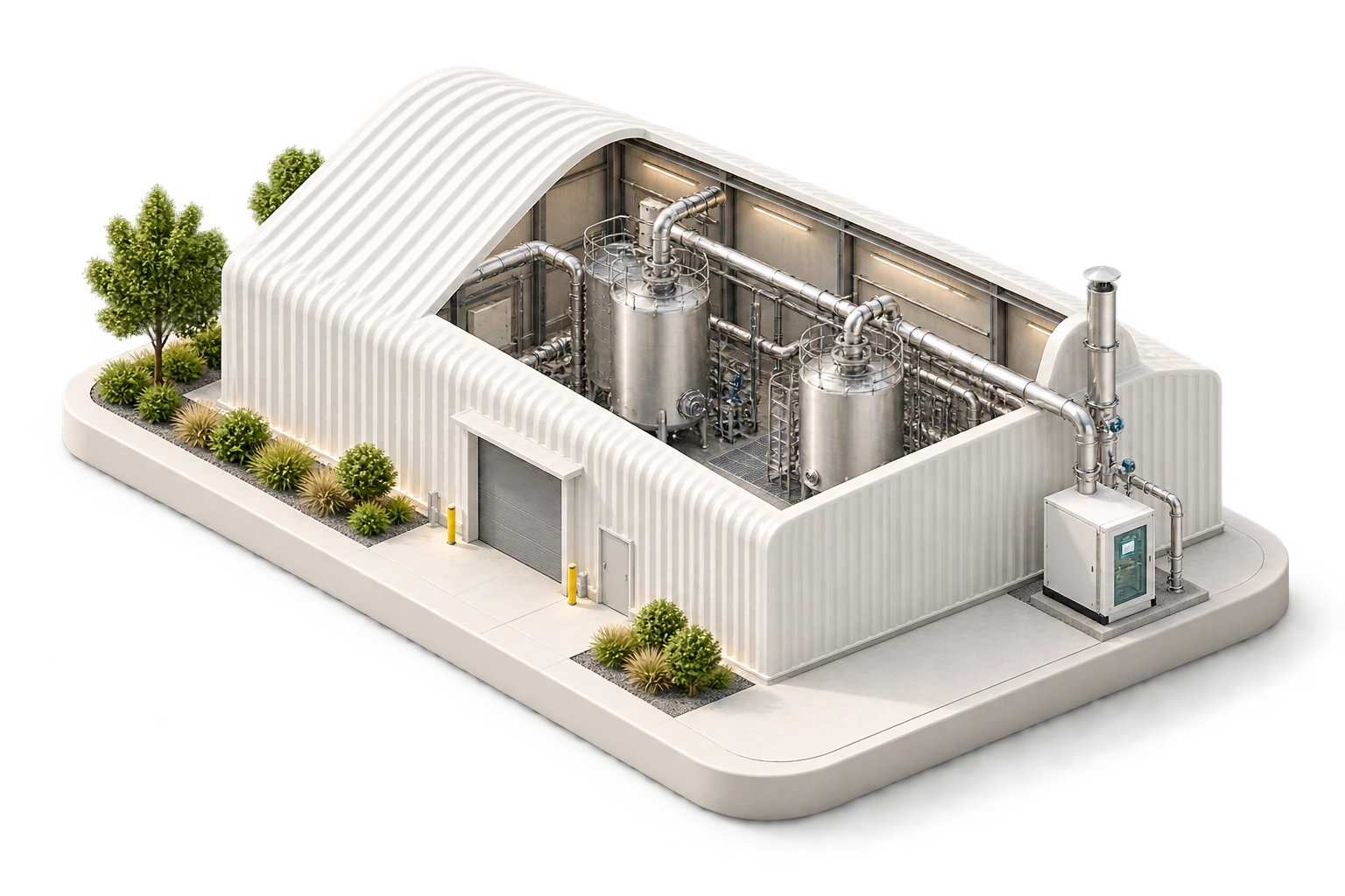 Conceptual industrial process hall with visible vessels, pipework, and an external measurement cabinet.